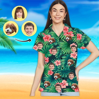 Picture of Custom Photo Face Hawaiian Shirt - Custom Photo Short Sleeve Button Down Hawaiian Shirt - Best Gifts for Women -  Red Summer Flower T-Shirts as Holiday Gift