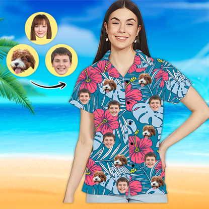 Picture of Custom Photo Face Hawaiian Shirt - Custom Photo Short Sleeve Button Down Hawaiian Shirt - Best Gifts for Women - Summer Flower T-Shirts as Holiday Gift