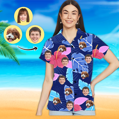 Picture of Custom Photo Face Hawaiian Shirt - Custom Photo Short Sleeve Button Down Hawaiian Shirt - Best Gifts for Women - Purple T-Shirts as Holiday Gift