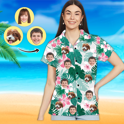 Picture of Custom Photo Face Hawaiian Shirt - Custom Photo Short Sleeve Button Down Hawaiian Shirt - Best Gifts for Women - Pink Flower T-Shirts as Holiday Gift
