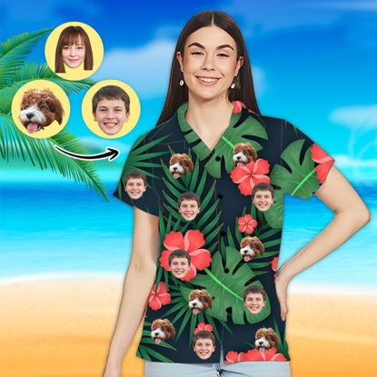 Picture of Custom Photo Face Hawaiian Shirt - Custom Photo Short Sleeve Button Down Hawaiian Shirt - Best Gifts for Women - Red Flower T-Shirts as Holiday Gift