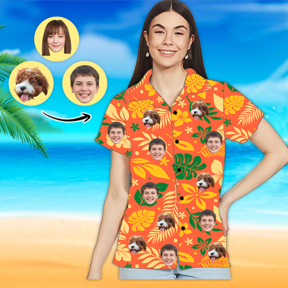 Picture of Custom Photo Face Hawaiian Shirt - Custom Photo Short Sleeve Button Down Hawaiian Shirt - Best Gifts for Women - Orange Leaves T-Shirts as Holiday Gift