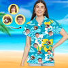 Picture of Custom Photo Face Hawaiian Shirt - Custom Photo Short Sleeve Button Down Hawaiian Shirt - Best Gifts for Women - Blue Leaves T-Shirts as Holiday Gift