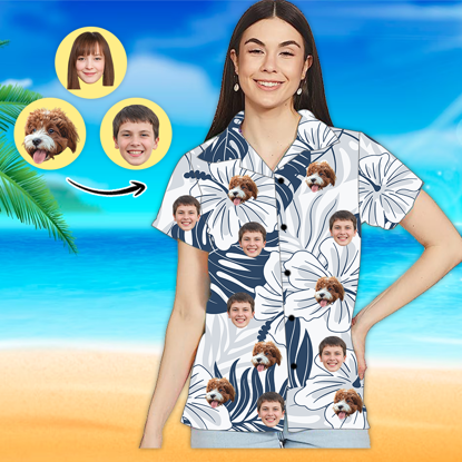 Picture of Custom Photo Face Hawaiian Shirt - Custom Photo Short Sleeve Button Down Hawaiian Shirt - Best Gifts for Women - White Flower T-Shirts as Holiday Gift