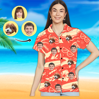 Picture of Custom Photo Face Hawaiian Shirt - Custom Photo Short Sleeve Button Down Hawaiian Shirt - Best Gifts for Women - Orange Leaves in Summer T-Shirts as Holiday Gift