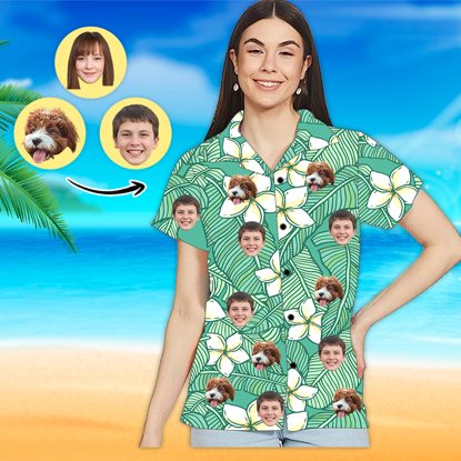 Picture of Custom Photo Face Hawaiian Shirt - Custom Photo Short Sleeve Button Down Hawaiian Shirt - Best Gifts for Women - Green Line Draft T-Shirts as Holiday Gift