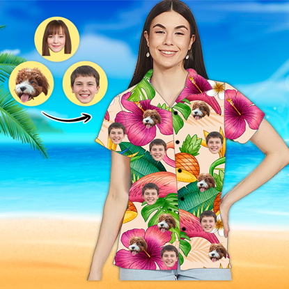 Picture of Custom Photo Face Hawaiian Shirt - Custom Photo Short Sleeve Button Down Hawaiian Shirt - Best Gifts for Women - Morning Glory T-Shirts as Holiday Gift