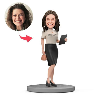 Picture of Custom Bobbleheads: White Blouse and Skirt Holding Documents Boss Lady | Personalized Bobbleheads for the Special Someone as a Unique Gift Idea｜Best Gift Idea for Birthday, Thanksgiving, Christmas etc.