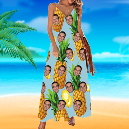 Picture of Custom Hawaiian Dress - Custom Women's Face Photo All Over Print Hawaiian Dress - Pineapple - Best Gifts for Women - Beach Party Dress as Holiday Gift