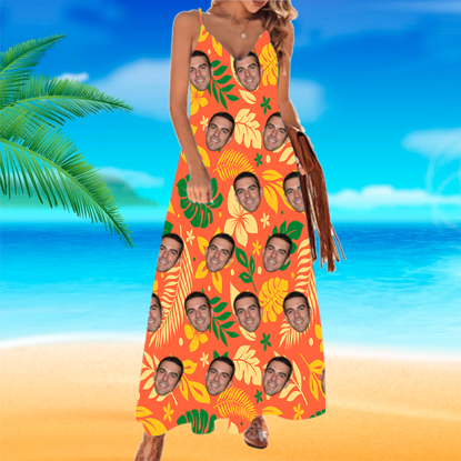 Picture of Custom Hawaiian Dress - Custom Women's Face Photo All Over Print Hawaiian Dress - Orange Pattern - Best Gifts for Women - Beach Party Dress as Holiday Gift