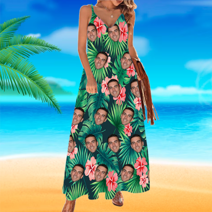 Picture of Custom Hawaiian Dress - Custom Women's Face Photo All Over Print Hawaiian Dress - Beautiful Flower - Best Gifts for Women - Beach Party Dress as Holiday Gift