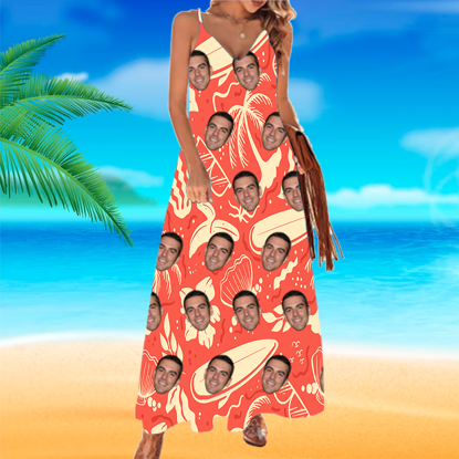 Picture of Custom Hawaiian Dress - Custom Women's Face Photo All Over Print Hawaiian Dress - Orange Pattern Leaves - Best Gifts for Women - Beach Party Dress as Holiday Gift
