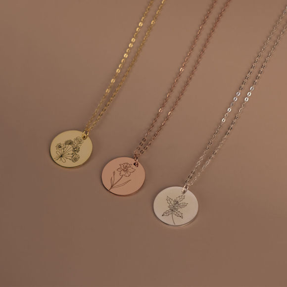 Picture of Custom Name Necklace with Engraved Birth Flower - Round Disc Flower Name Necklace - Bridesmaid Gifts Wedding Necklace