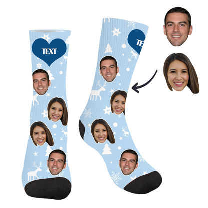 Picture of Customized Photo Socks with Your Photo and Text - Customized Face Photo Blue Simple Socks Christmas Style - Best Christmas Gift for Family
