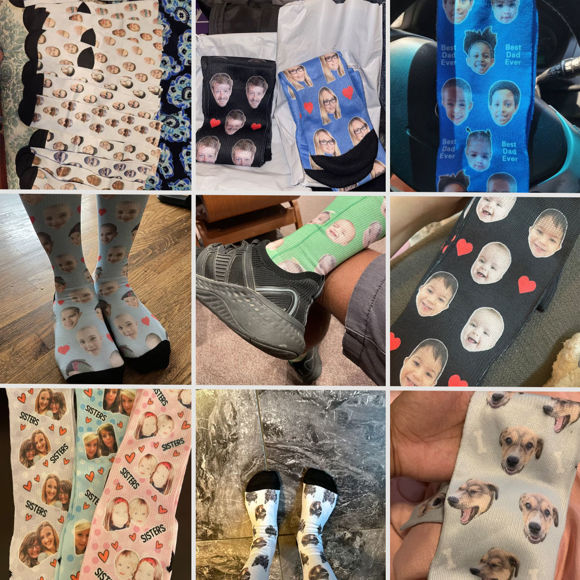 Picture of Customized Photo Socks with Your Photo and Text - Customized Face Photo Blue Simple Socks Christmas Style - Best Christmas Gift for Family