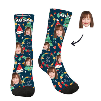 Picture of Customized Photo Socks with Your Photo and Text-Christmas Style Customized Face Photo Blue Socks  - Best gift for family.