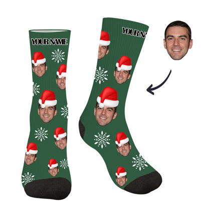 Picture of Customized Photo Socks with Your Photo and Text-Christmas Style Customized Face Photo Green Sock Santa Hat - Best gift for family