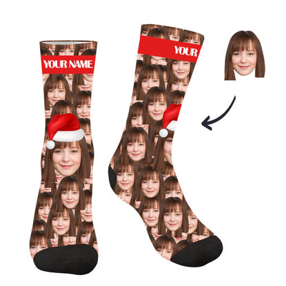 Picture of Customized Photo Socks with Your Photo and Text-Christmas Style Customized Face Photo Sock Santa Hat - Best gift for family, friends and more.