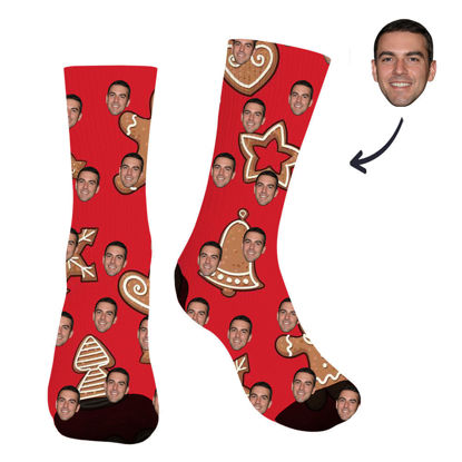 Picture of Customized Photo Socks with Your Photo-Customized Face Photo Red Christmas Style Socks - Best gift for family, friends and more.