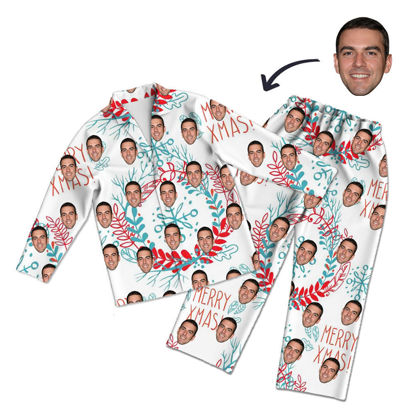 Picture of Customized Christmas Style Pajamas - Personalized Face Photo White Long Sleeve Pajamas Set Green Christmas Style MERRY XMAS - Best Gift for Family and Friends