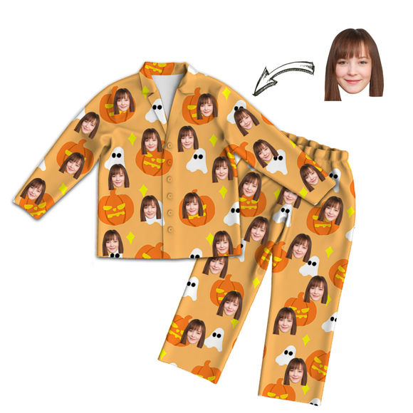 Picture of Customized Halloween Style Pajamas - Customized Face Photo Orange Long Sleeve Pajama Set Halloween Style - Best Gift for Loved Ones, Family and More.