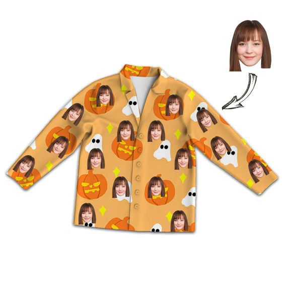 Picture of Customized Halloween Style Pajamas - Customized Face Photo Orange Long Sleeve Pajama Set Halloween Style - Best Gift for Loved Ones, Family and More.