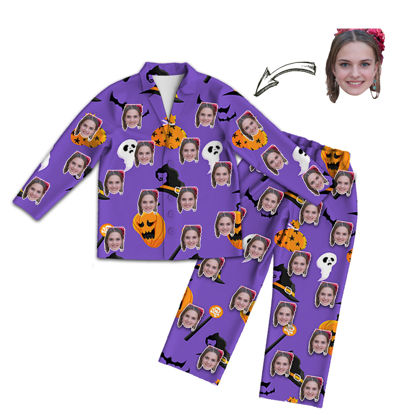 Picture of Customized Halloween style pajamas - Customized Face Photo Purple Long Sleeve Pajama Set Halloween Style - Best Gift for Loved Ones, Family and More.
