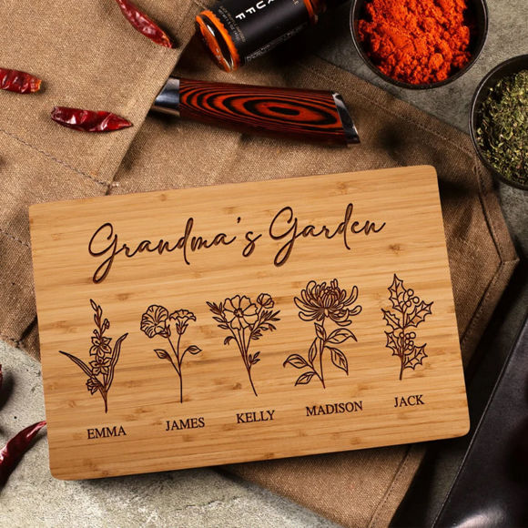 Picture of Custom Cutting Board With Birth Flower - Mama's Kitchen Gifts from Daughter Grandmas Garden w/ Name - Christmas Gifts for Mom
