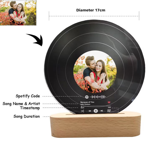 Picture of Customized Photo Night Light Personalized With Vinyl Record Scannable Acrylic Song Plaque Custom Song Album Cover Night Light for Music Lovers Gifts for Friends  | Best Gifts Idea for Birthday, Thanksgiving, Christmas etc.