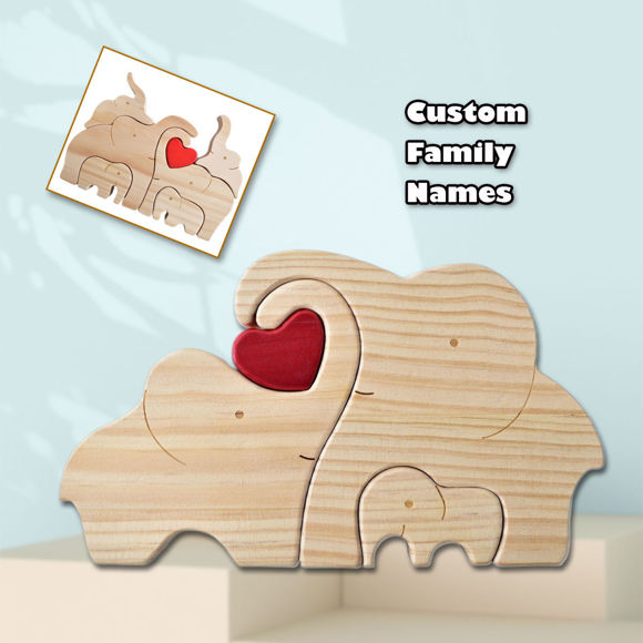 Picture of Custom Wooden Elephant Family Puzzle - Personalized Wooden Elephant Puzzle w/ Family Names - Family Keepsake Gift - Best Home Decor Gifts