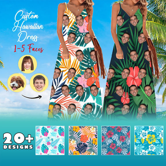 Picture of Custom Face Hawaiian Dress - Personalized Summer Long Dress with Faces - Custom Face Photo Sundress as Custom Face Photo Sundress as a Unique Gift for Women/Girls