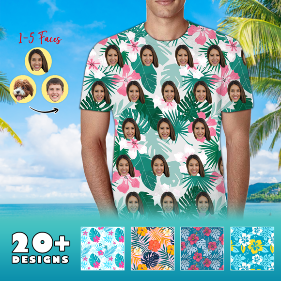 Picture of Custom Face Photo Short Sleeve - Personalized Photo Hawaiian T-Shirt - Casual Printed Beach Short Sleeve