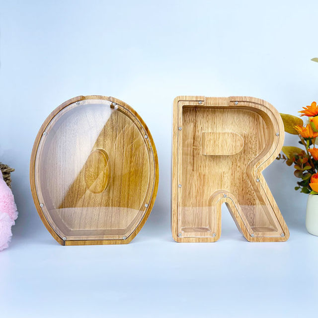 Picture of Personalized Wooden Piggy Bank for Kids - Large Piggy Banks W/ 26 English Alphabet Letter - Best Gift for Children on Birthday And Christmas