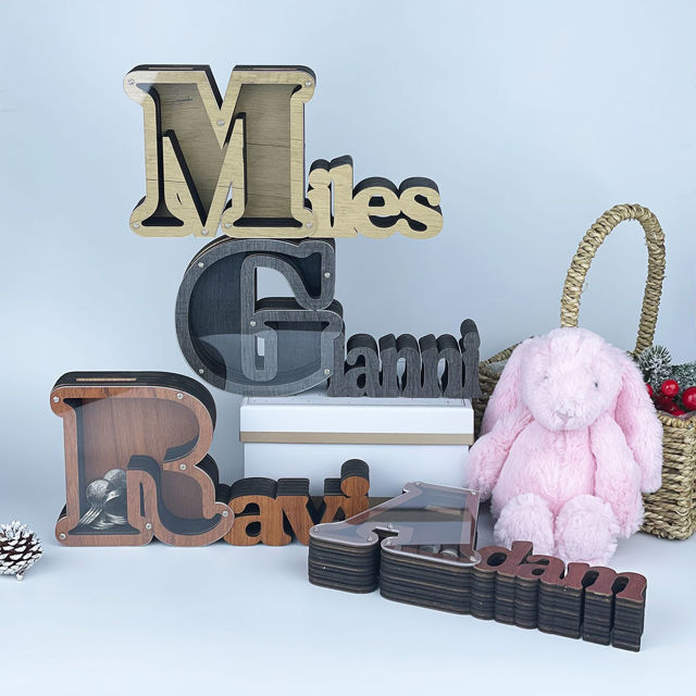 Picture of Personalized Wooden Name Piggy Bank for Children - Hand Made Wooden Gift - Transparent Money Saving Box - Best Birthday and Christmas Gift