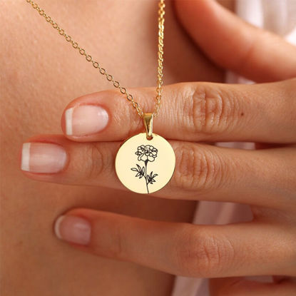 Picture of Personalized Birth Flower Jewelry - Disc Pendant Engraved Coin Necklace - Gifts For Christmas, Birthday Or Mother's Day