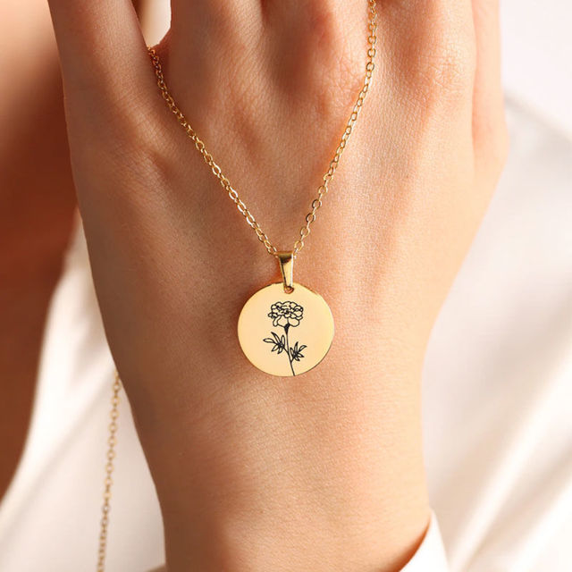 Picture of Personalized Birth Flower Jewelry - Disc Pendant Engraved Coin Necklace - Gifts For Christmas, Birthday Or Mother's Day