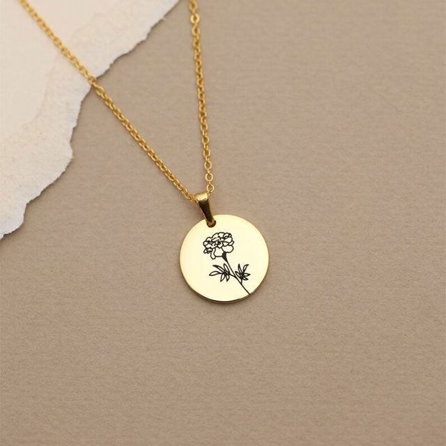 Picture of Personalized Birth Flower Jewelry - Disc Pendant Engraved Coin Necklace - Gifts For Christmas, Birthday Or Mother's Day