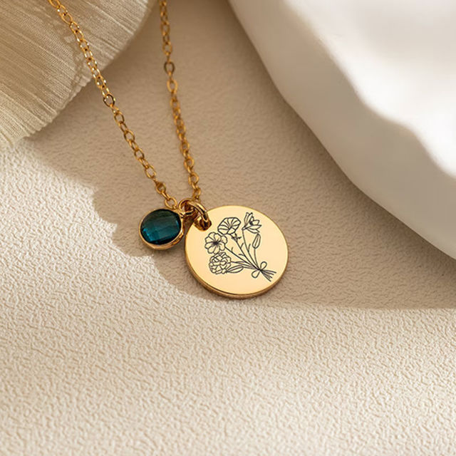 Picture of Custom Birth Flower Necklace With Round Disc Shape - Personalized With 1-5 Birth Flowers - Custom Flower Name Necklace