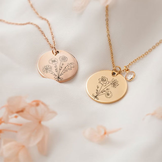 Picture of Custom Birth Flower Necklace With Round Disc Shape - Personalized With 1-5 Birth Flowers - Custom Flower Name Necklace