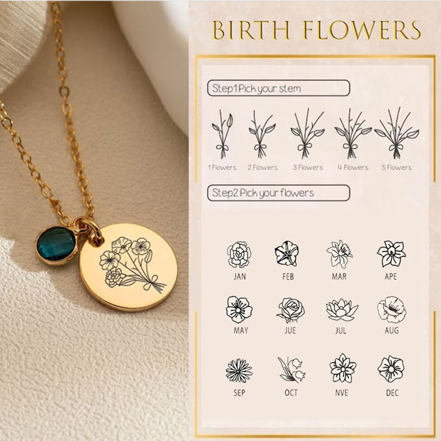 Picture of Custom Birth Flower Necklace With Round Disc Shape - Personalized With 1-5 Birth Flowers - Custom Flower Name Necklace