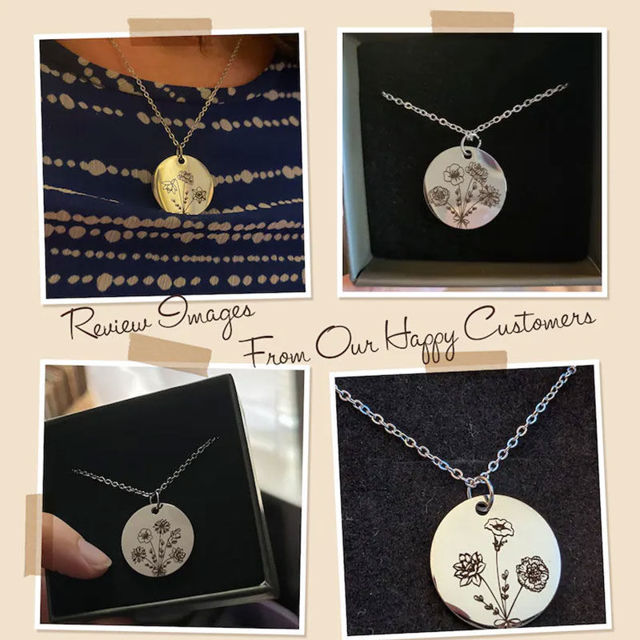 Picture of Custom Birth Flower Necklace With Round Disc Shape - Personalized With 1-5 Birth Flowers - Custom Flower Name Necklace