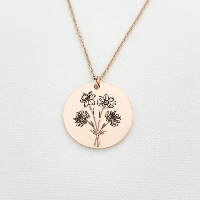 Picture of Custom Birth Flower Necklace With Round Disc Shape - Personalized With 1-5 Birth Flowers - Custom Flower Name Necklace