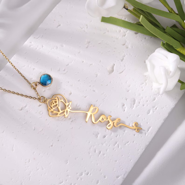 Picture of Custom Birth Flower Name Necklace - Personalized Birth Flower Name Necklace with Birthstone - Flower Name Necklace