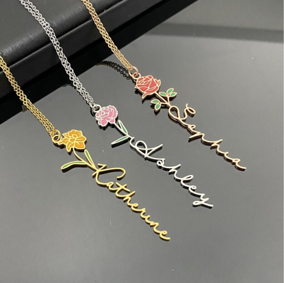 Picture of 925 Sterling Silver Personalized Colorful Birth Floral Pendant Name Necklace - Gift For Mother's Day