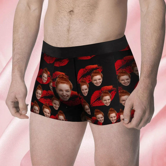 Picture of Custom Boxer Briefs - Custom Face Men's Boxer - Red Lips Style Underwear - Gifts for Husband, Boyfriend - Waistband Text Boxer Gift