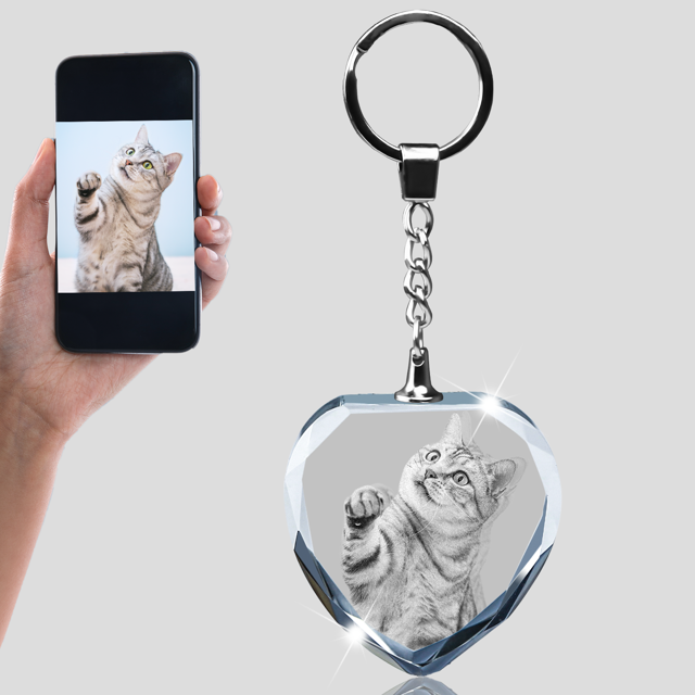 Picture of Personalized 2D or 3D Crystal Photo Keychain Gift in Heart - Custom Photo Keychain - Pet Lover Gift