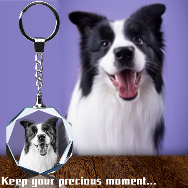 Picture of Personalized 2D or 3D Crystal Photo Keychain Gift in Octagon - Custom Photo Keychain - Pet Lover Gift