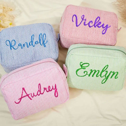 Picture of Personalized embroidered striped cosmetic bag - customized seersucker storage cosmetic bag - personalized travel business trip portable storage bag