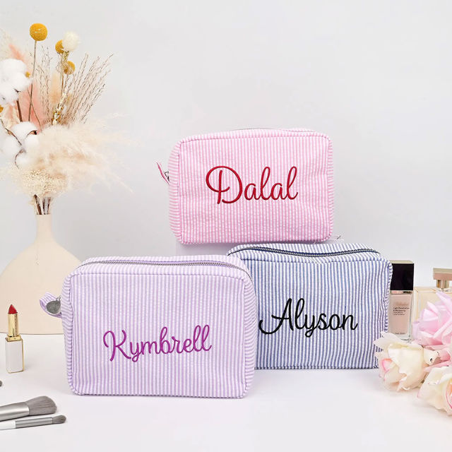 Picture of Personalized embroidered striped cosmetic bag - customized seersucker storage cosmetic bag - personalized travel business trip portable storage bag