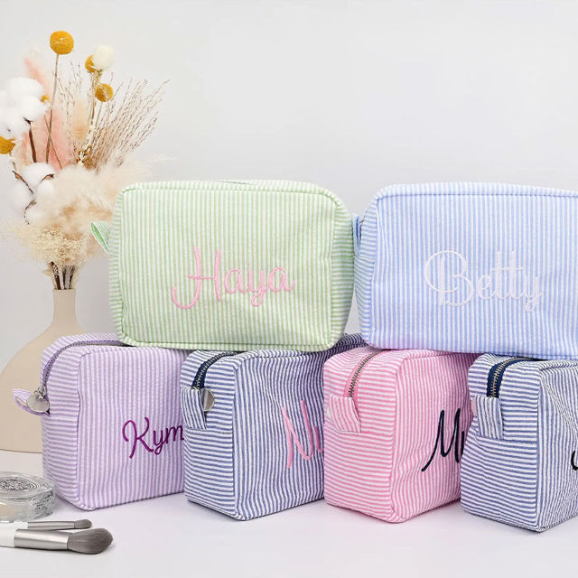 Picture of Personalized embroidered striped cosmetic bag - customized seersucker storage cosmetic bag - personalized travel business trip portable storage bag